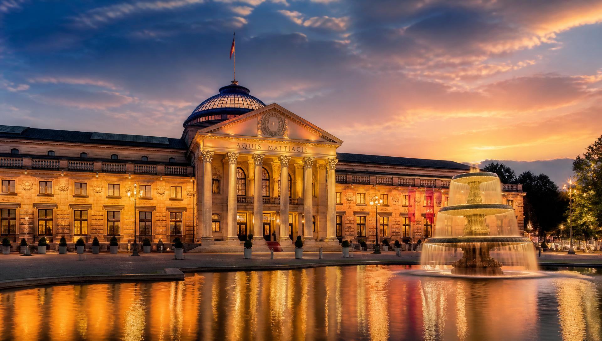 Kurhaus Wiesbaden bei Abenddämmerung